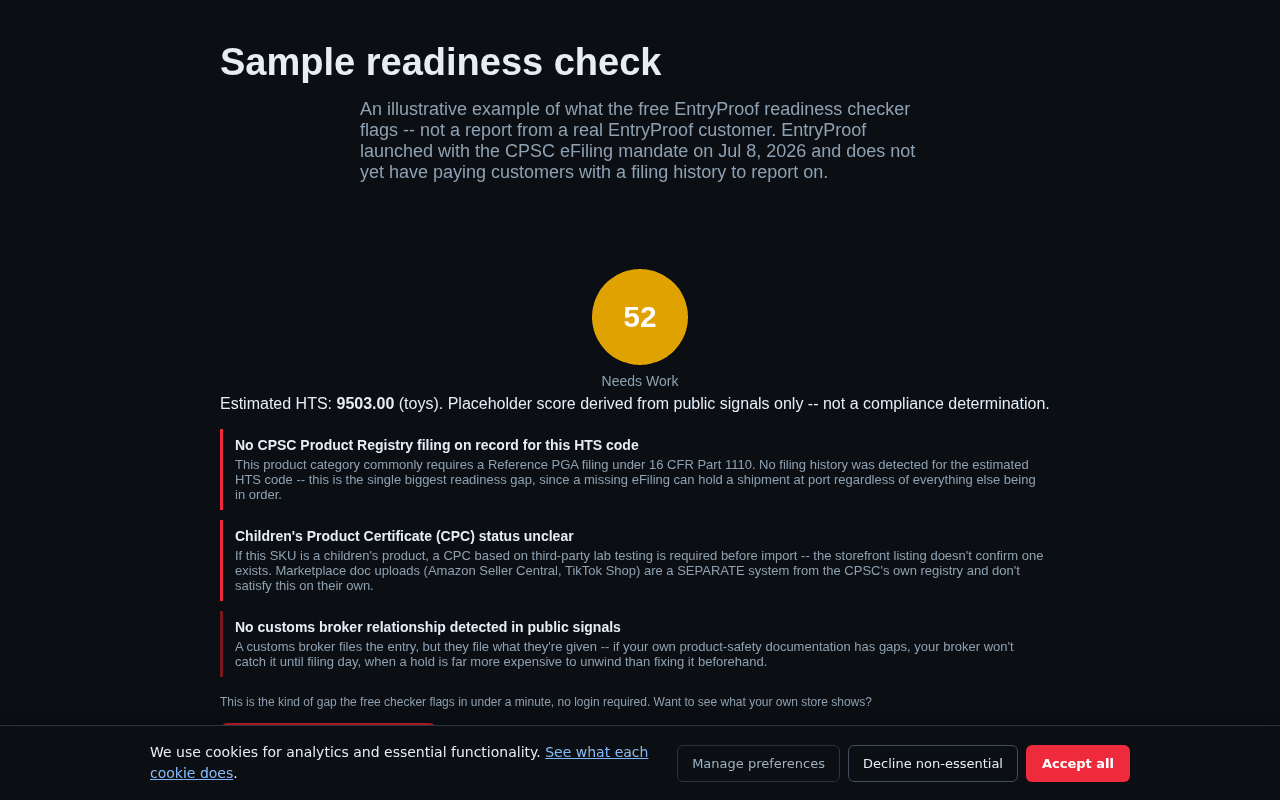 EntryProof: real live demo of the CPSC eFiling readiness checker over a sample readiness report.